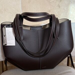 NWT Polene Cyme Mini Textured Brown Leather Tote Bag w/White Stitching
